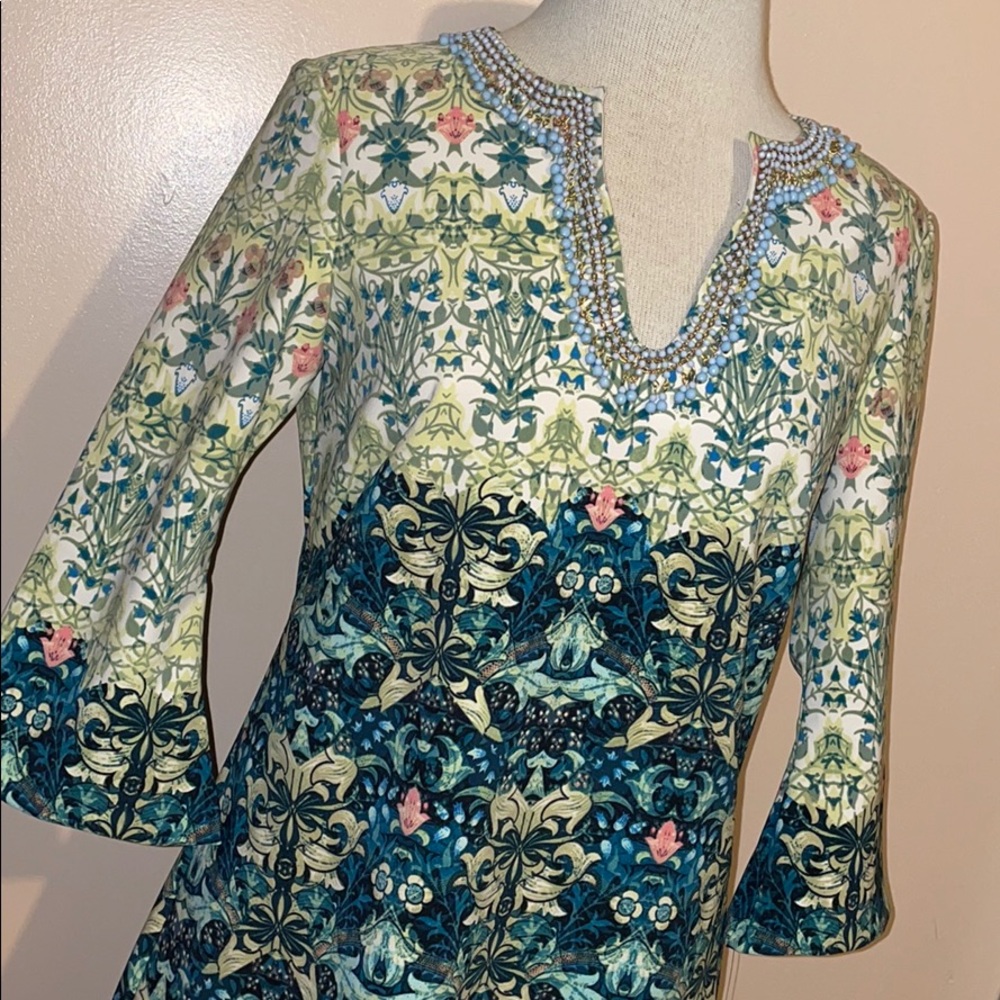 Taylor NWT Green Resort Floral Beaded V Neck Dress 6 Small Coastal Garden Party - Picture 9 of 15
